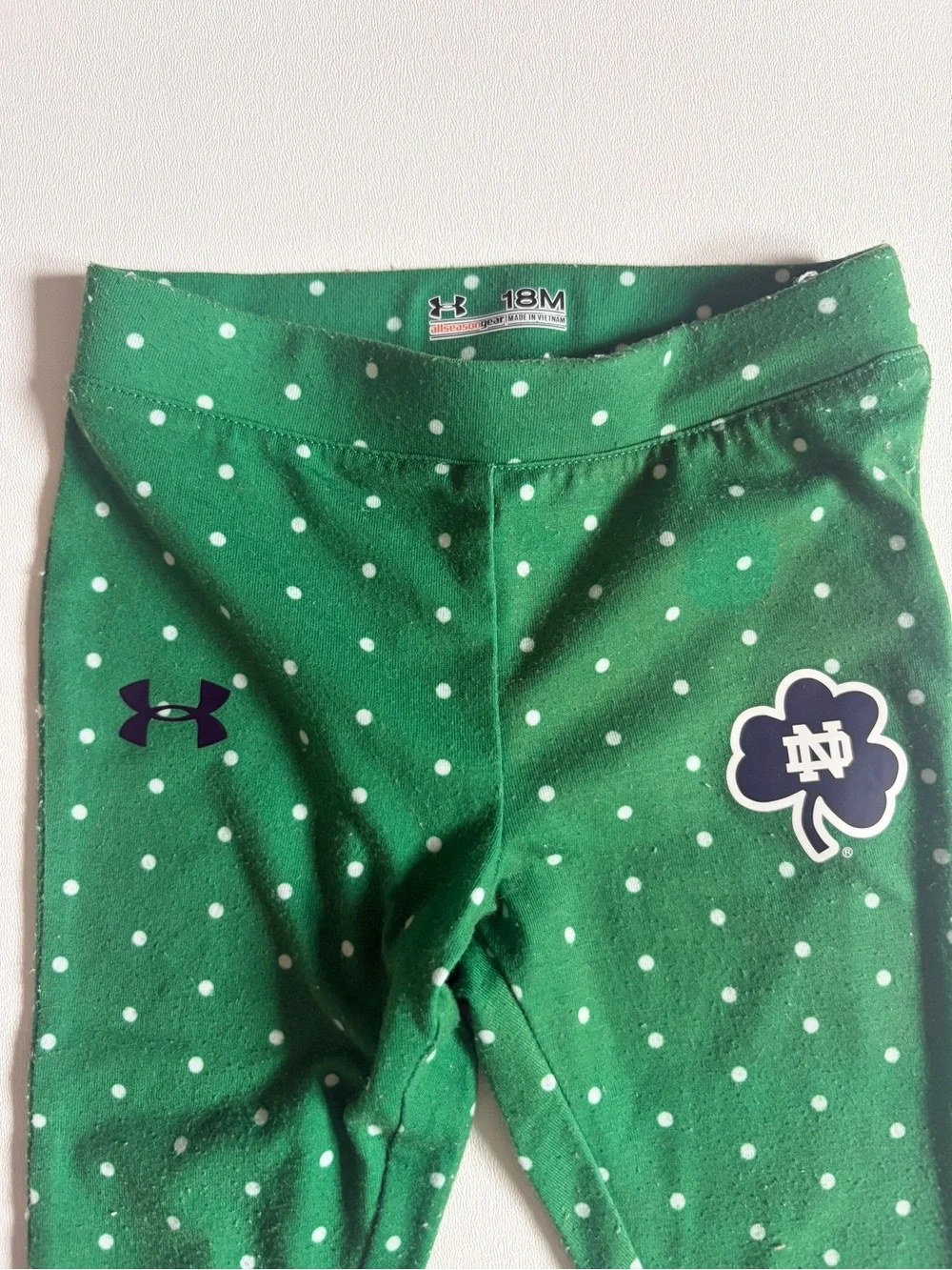 Under Armour Notre Dame Green and White Polka Dot Leggings Size 18 Months